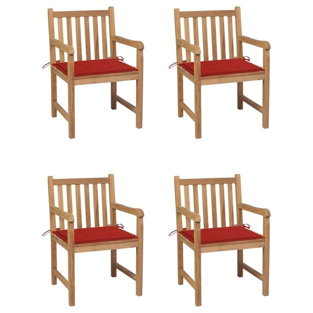 Sodo kėdės su raudonomis pagalvėlėmis, 4vnt., tikmedis