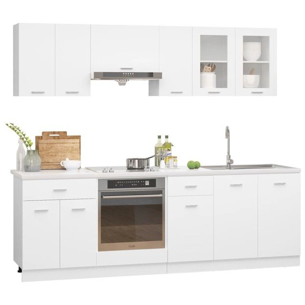 Virtuvės spintelių komplektas, 8 dalių, baltos spalvos, mediena
