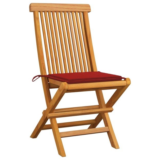Sodo kėdės su raudonomis pagalvėlėmis, 8vnt., tikmedžio masyvas