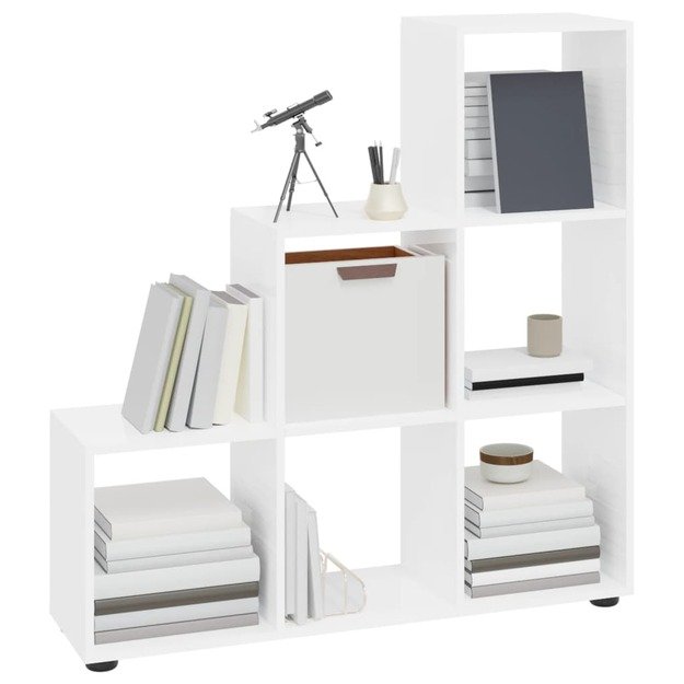 Knygų lentyna, balta, 107cm, mediena, laiptų dizaino, blizgi