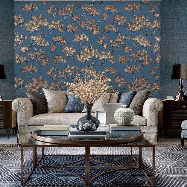 Dutch wallcoverings tapetai, auksinės ir mėlynos spalvos, su pušimis