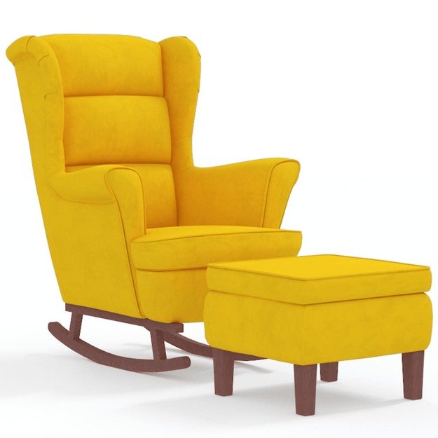 Supama kėdė su medinėmis kojomis ir taburete, geltona, aksomas