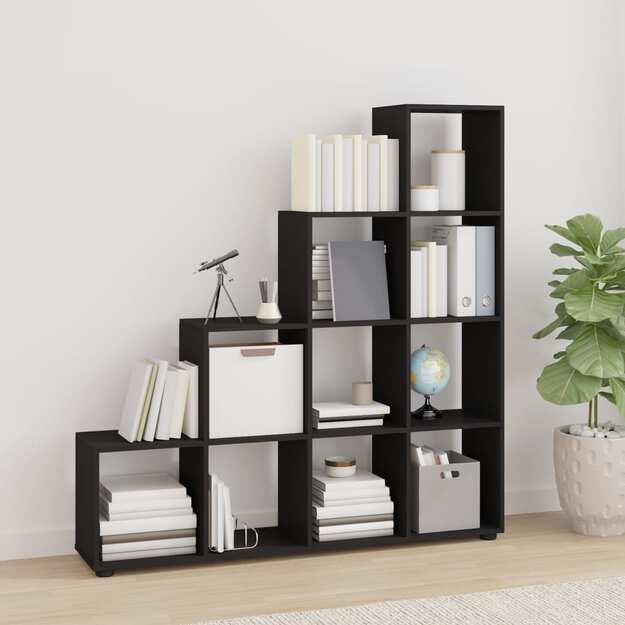 Knygų lentyna, juoda, 142cm, apdirbta mediena, laiptų dizaino