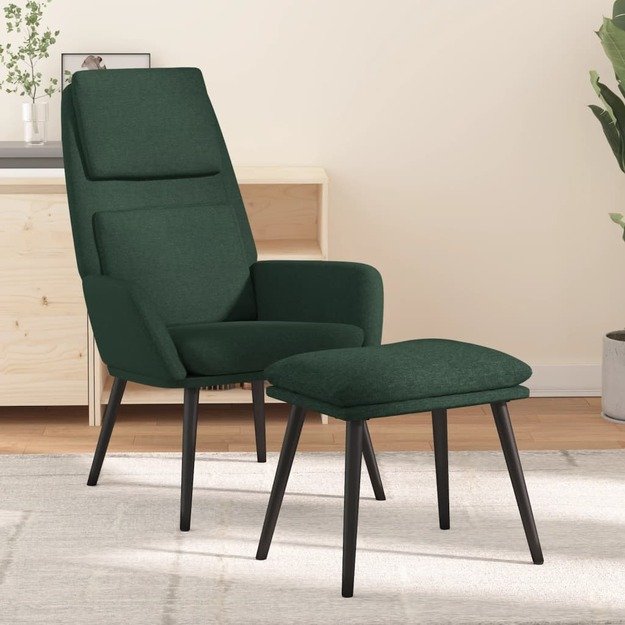 Poilsio kėdė su taburete, tamsiai žalios spalvos, audinys
