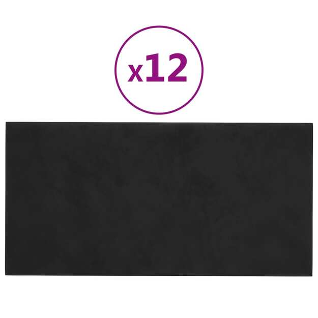 Sienų plokštės, 12vnt., juodos, 60x30cm, aksomas, 2,16m²