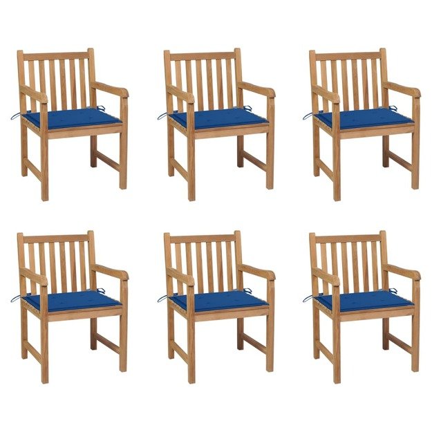 Sodo kėdės su mėlynomis pagalvėlėmis, 6vnt., tikmedis
