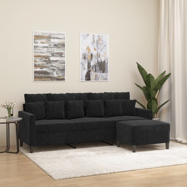 Trivietė sofa su pakoja, juodos spalvos, 180cm, aksomas