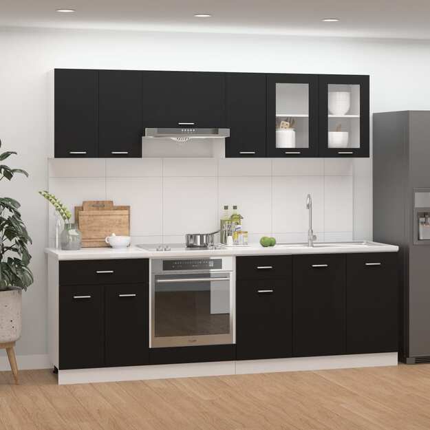 Virtuvės spintelių komplektas, 8 dalių, juodos spalvos, mediena
