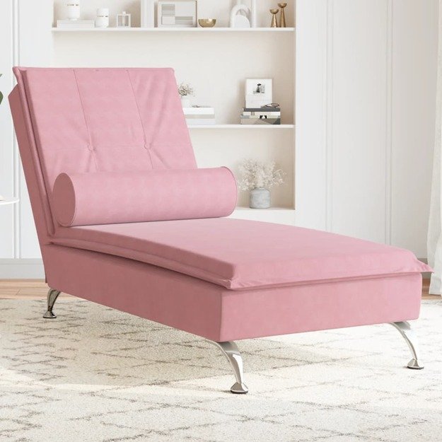 Masažinis poilsio gultas su ilga pagalve, rožinis, aksomas
