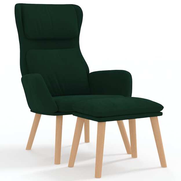 Poilsio kėdė su taburete, tamsiai žalios spalvos, aksomas