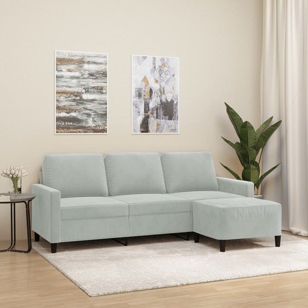 Trivietė sofa su pakoja, šviesiai pilka, 180cm, aksomas