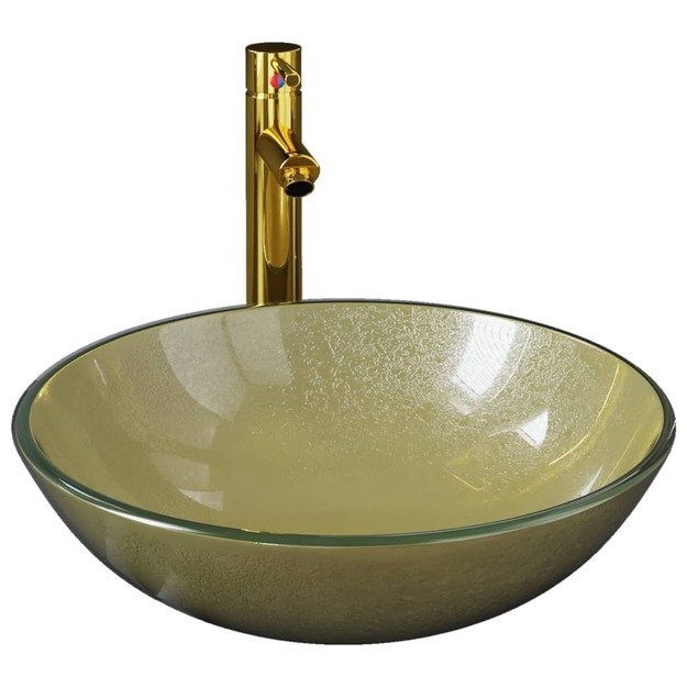 Vonios praustuvas su maišytuvu ir vožtuvu, auksinis, stiklas