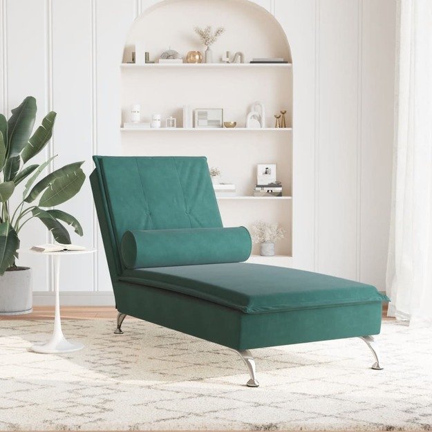 Masažinis poilsio gultas su ilga pagalve, žalias, aksomas