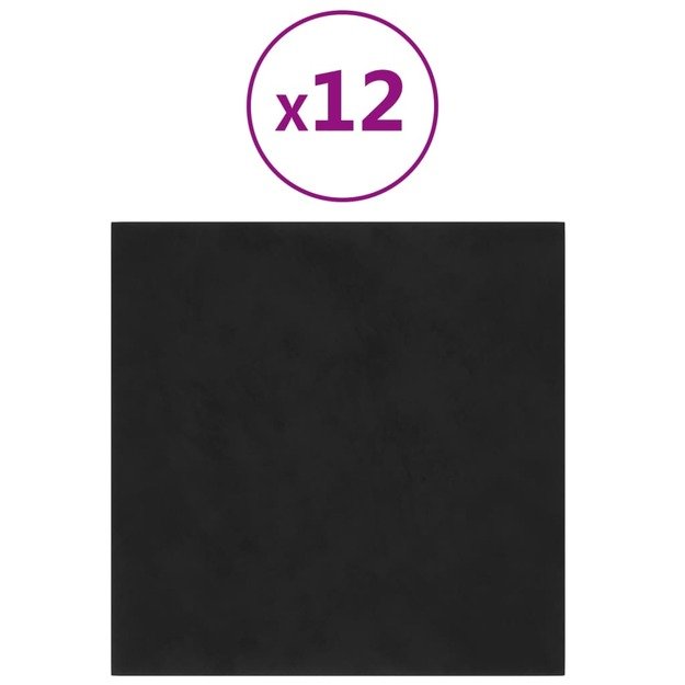 Sienų plokštės, 12vnt., juodos, 30x30cm, aksomas, 1,08m²