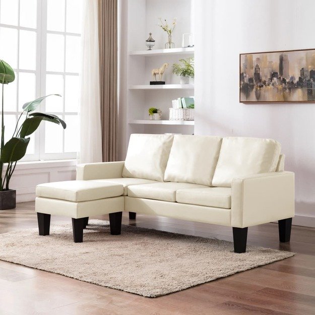 Trivietė sofa su pakoja, kreminės spalvos, dirbtinė oda