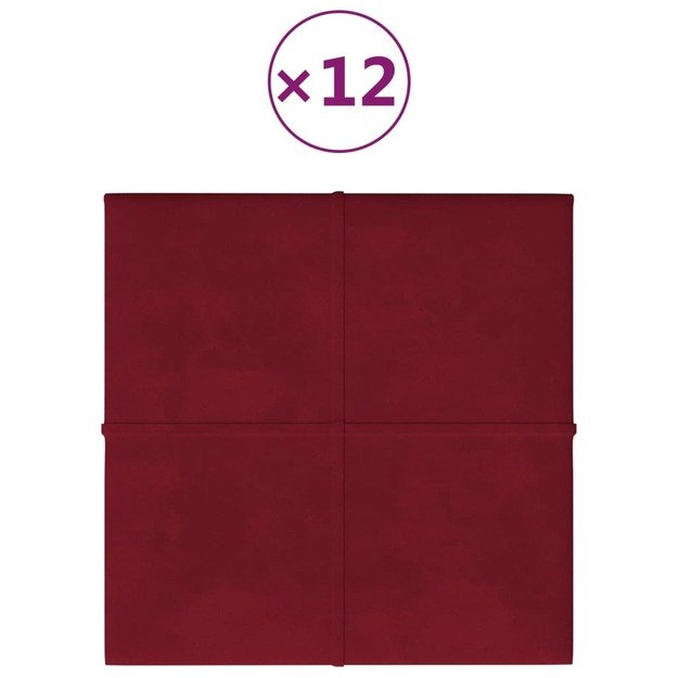 Sienų plokštės, 12vnt., vyno, 30x30cm, aksomas, 1,08m²