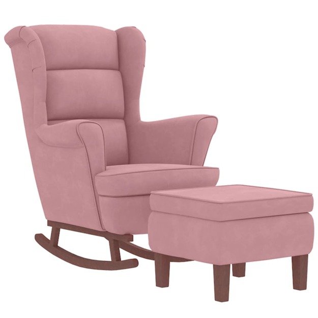 Supama kėdė su medinėmis kojomis ir taburete, rožinė, aksomas