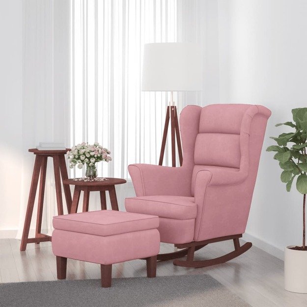 Supama kėdė su medinėmis kojomis ir taburete, rožinė, aksomas