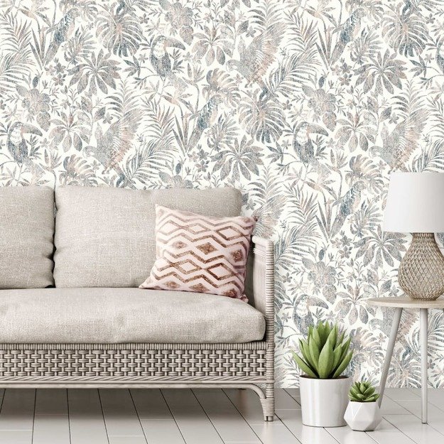 Dutch wallcoverings tapetai, smėlio spalvos, su lapais ir tukanais