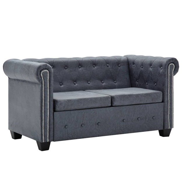 Dvivietė chesterfield sofa, pilka, dirbtinė zomšos oda