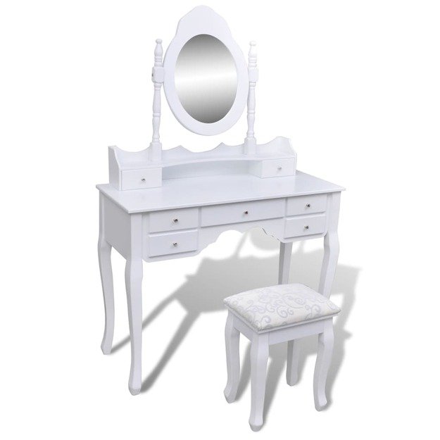 Kosmetinis staliukas su veidrodžiu ir kėdute, 7 stalčiai, baltas