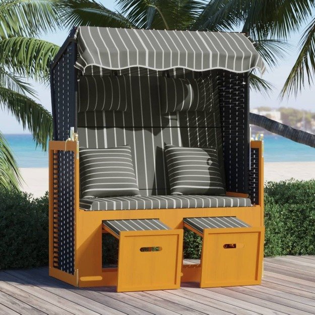 Paplūdimio kėdė su pagalvėmis, juoda/pilka, poliratanas/mediena