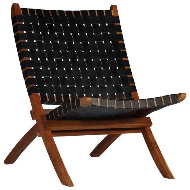 Sulankstoma kėdė, juoda, kryžiuotų juostų dizaino, tikra oda