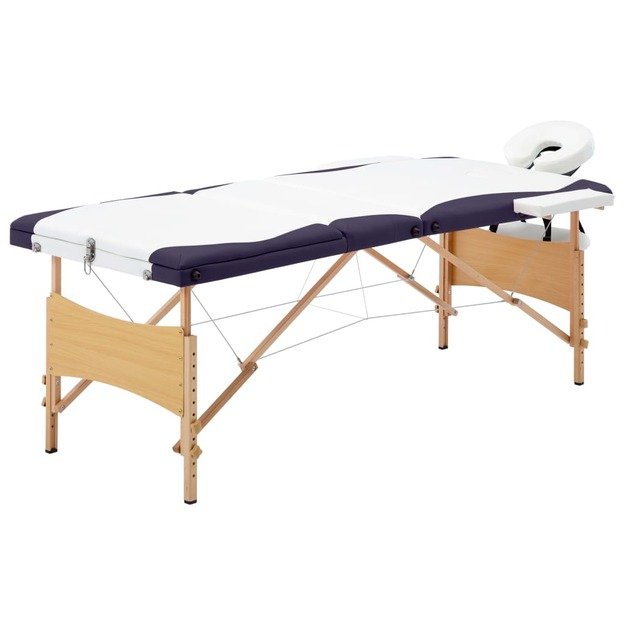 Sulankstomas masažo stalas, baltas/violetinis, mediena, 3 zonų