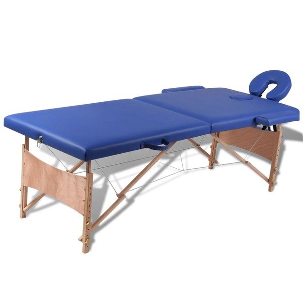 Sulankstomas masažo stalas, mėlynas, 2 zonų, su mediniu rėmu