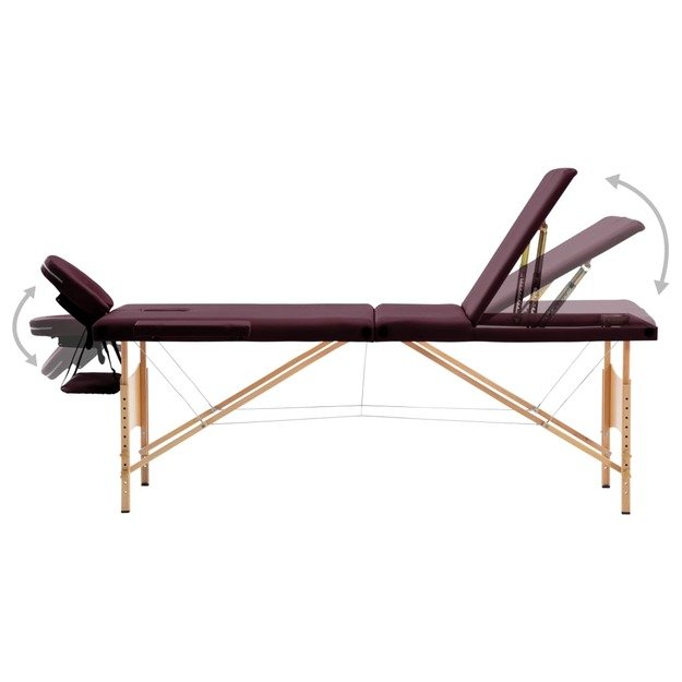 Sulankstomas masažo stalas, vyno violetinis, mediena, 3 zonų
